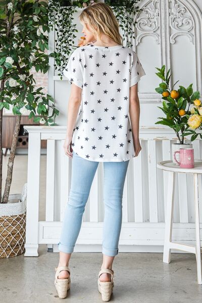 Heimish Full Size Star Print Short Sleeve V-Neck Waffle Knit T-Shirt - AllIn Computer