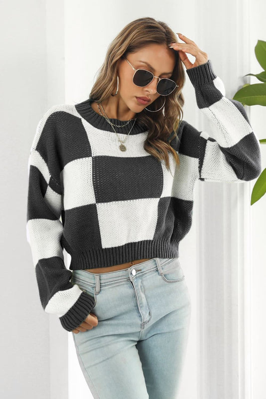 Color Block Round Neck Dropped Shoulder Sweater - AllIn Computer