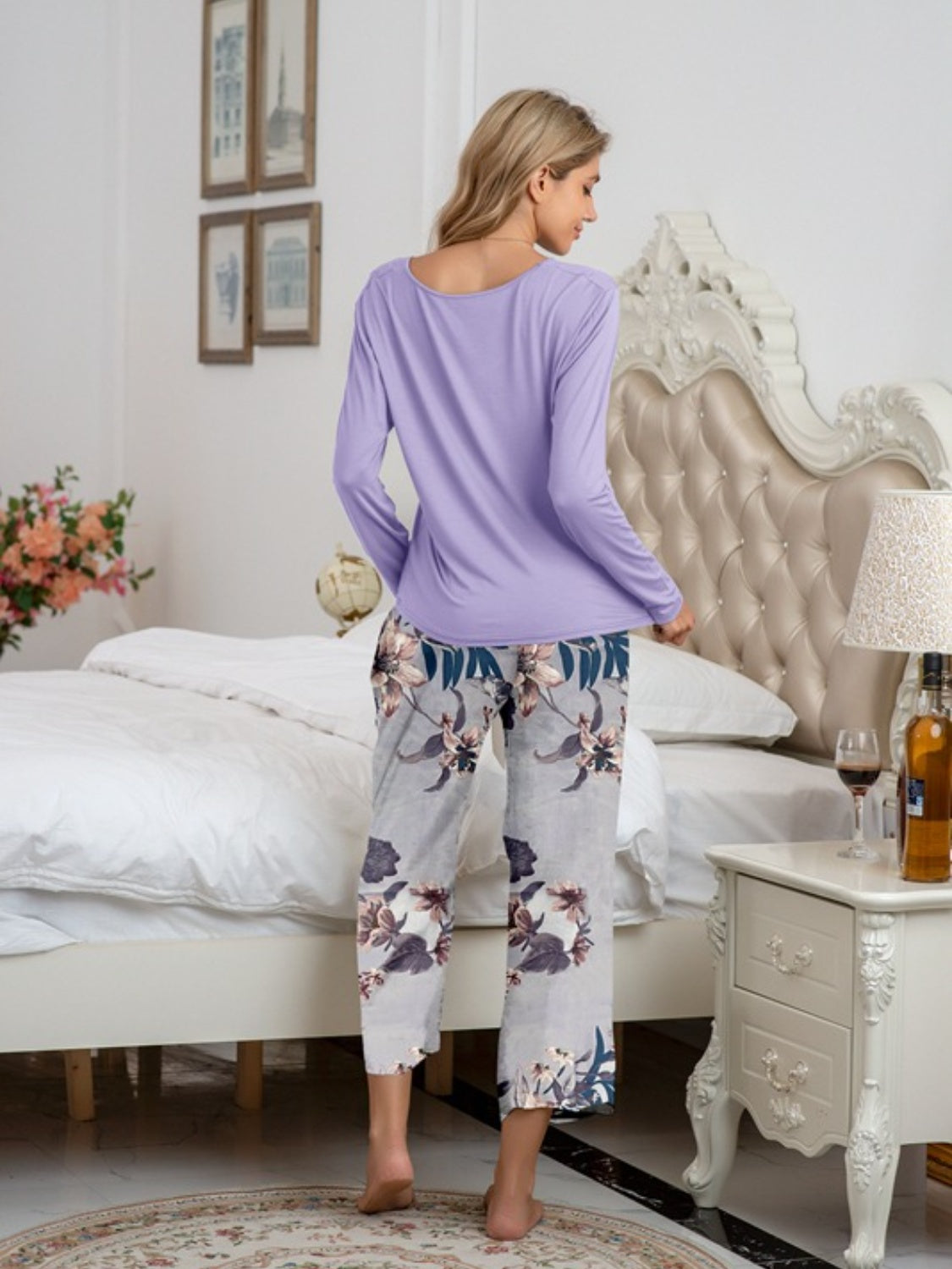Round Neck Top and Printed Pants Lounge Set - AllIn Computer