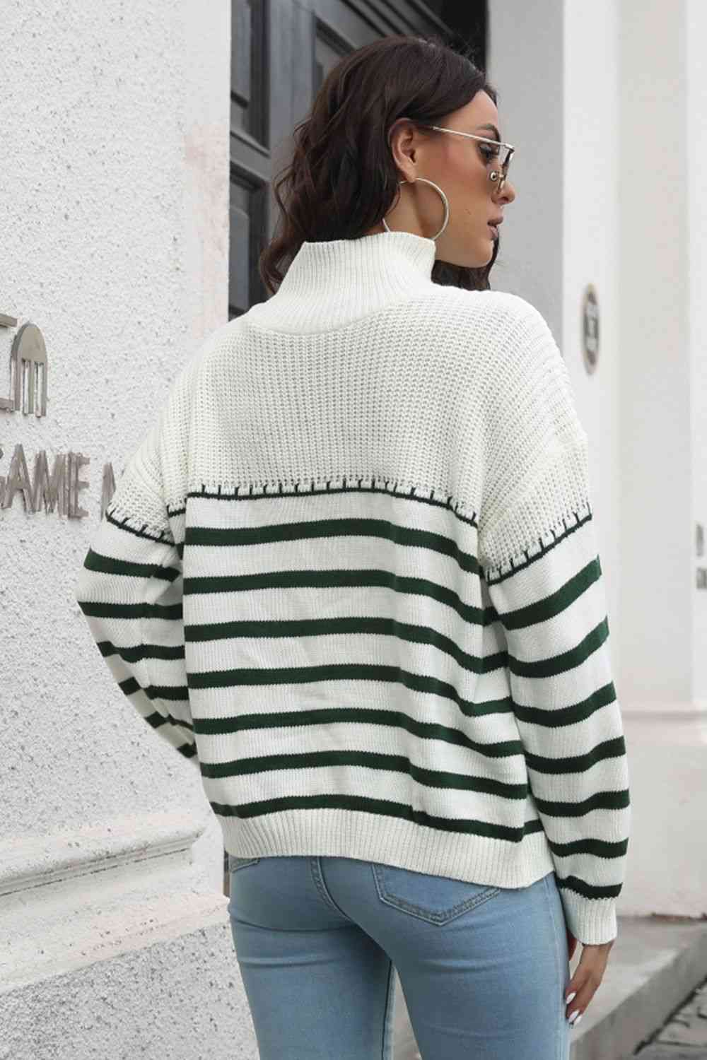 Striped Turtleneck Drop Shoulder Sweater - AllIn Computer