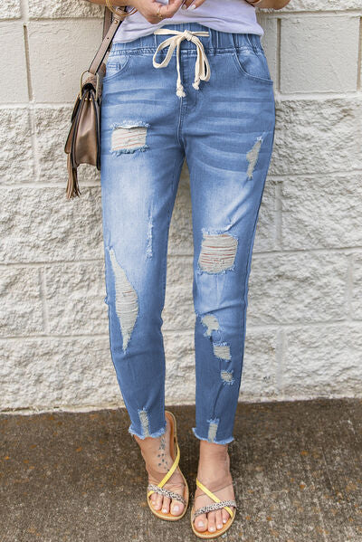 Drawstring Distressed Raw Hem Jeans with Pockets - AllIn Computer