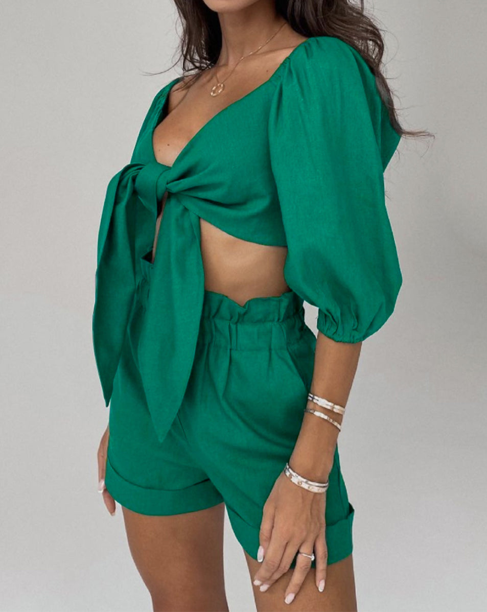 Cutout Puff Sleeve Top and Shorts Set - AllIn Computer