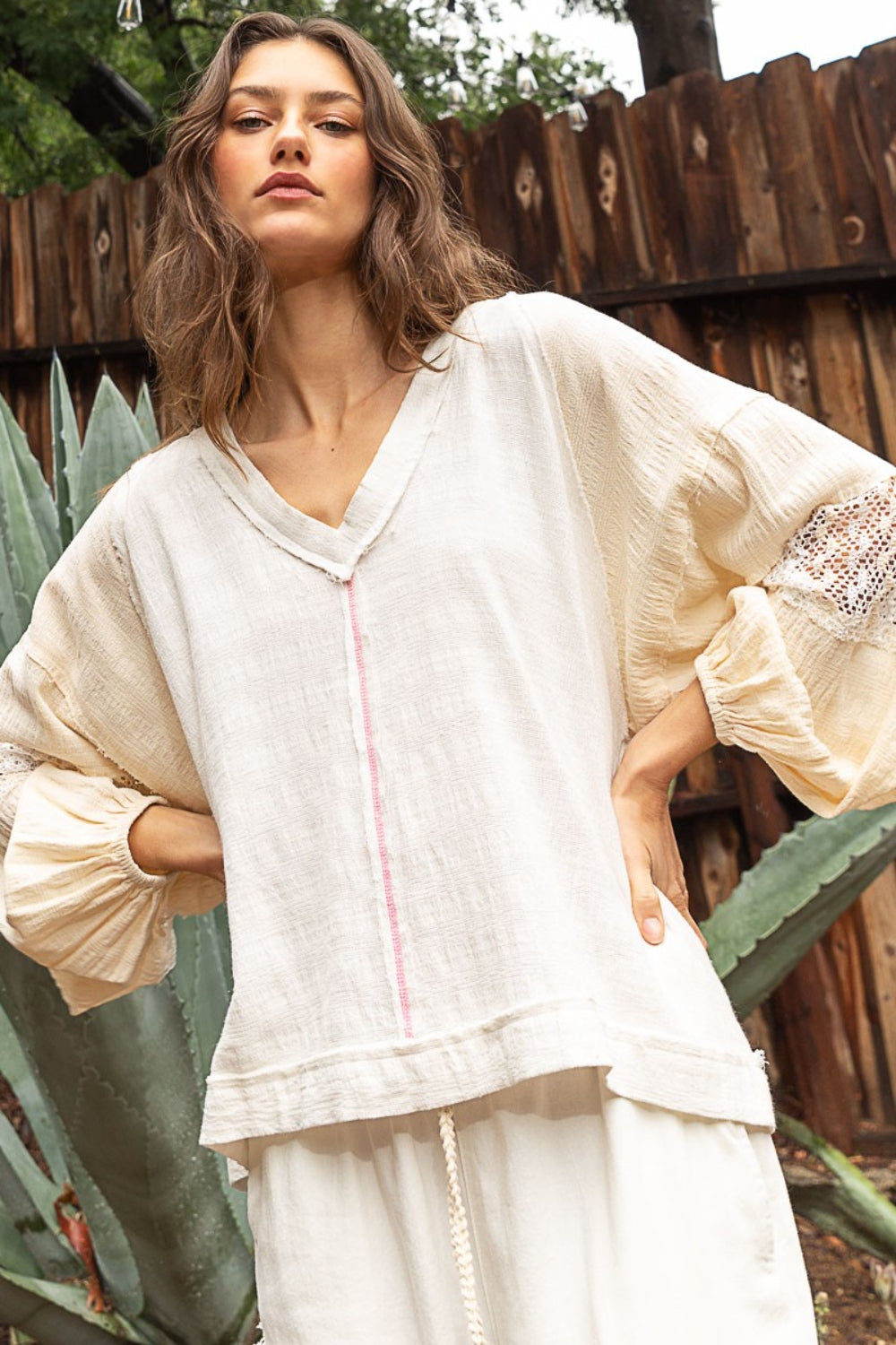 POL Balloon Sleeve Crochet Patch Top - AllIn Computer