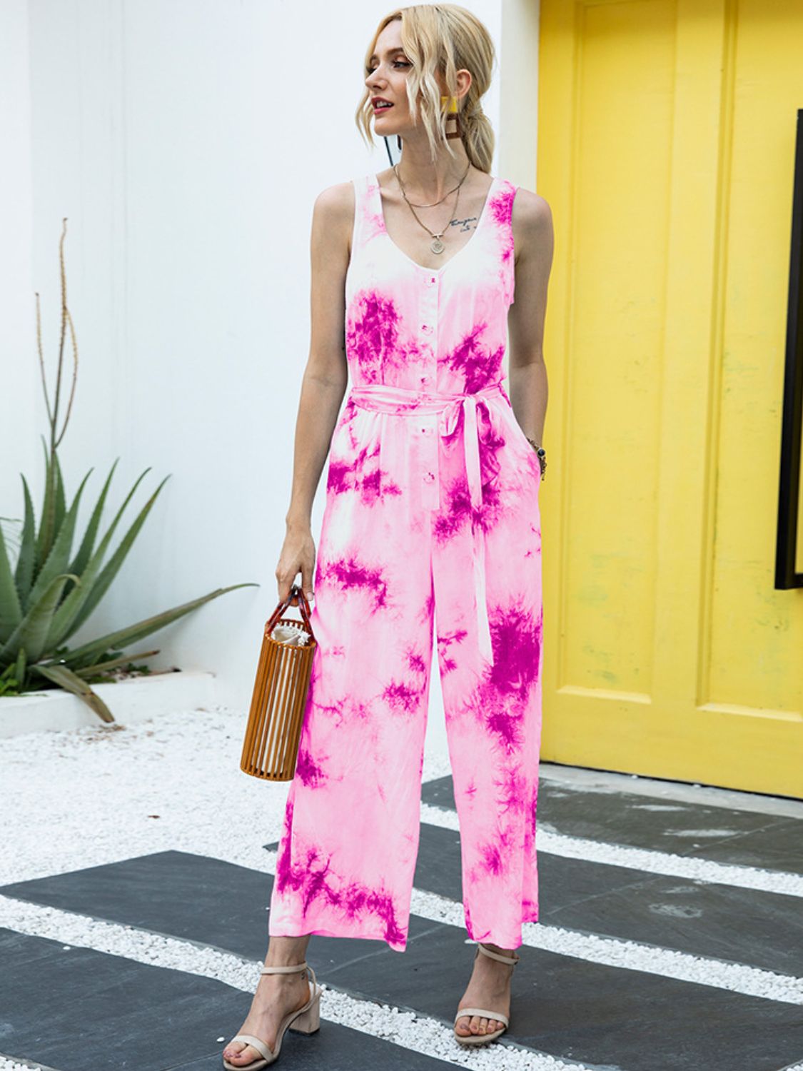 Tie-Dye Tie Waist Sleeveless Jumpsuit - AllIn Computer