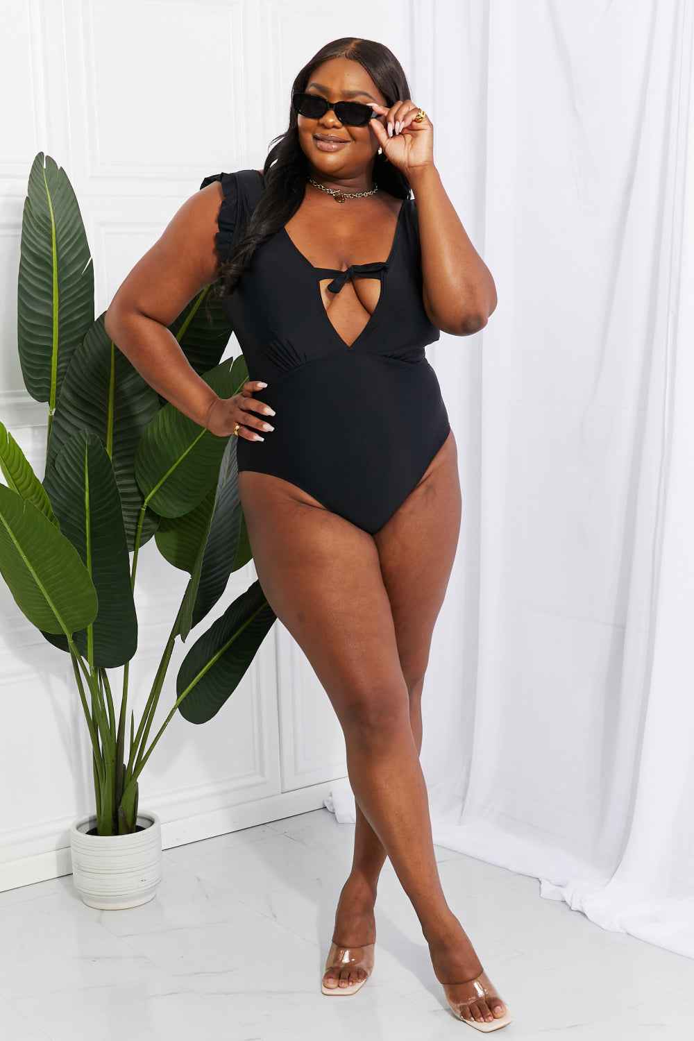 Marina West Swim Seashell Ruffle Sleeve One-Piece in Black - AllIn Computer