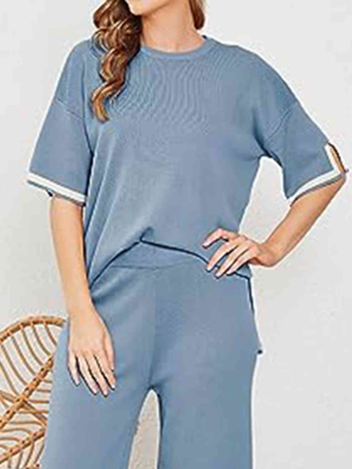 Contrast High-Low Sweater and Knit Pants Set - AllIn Computer