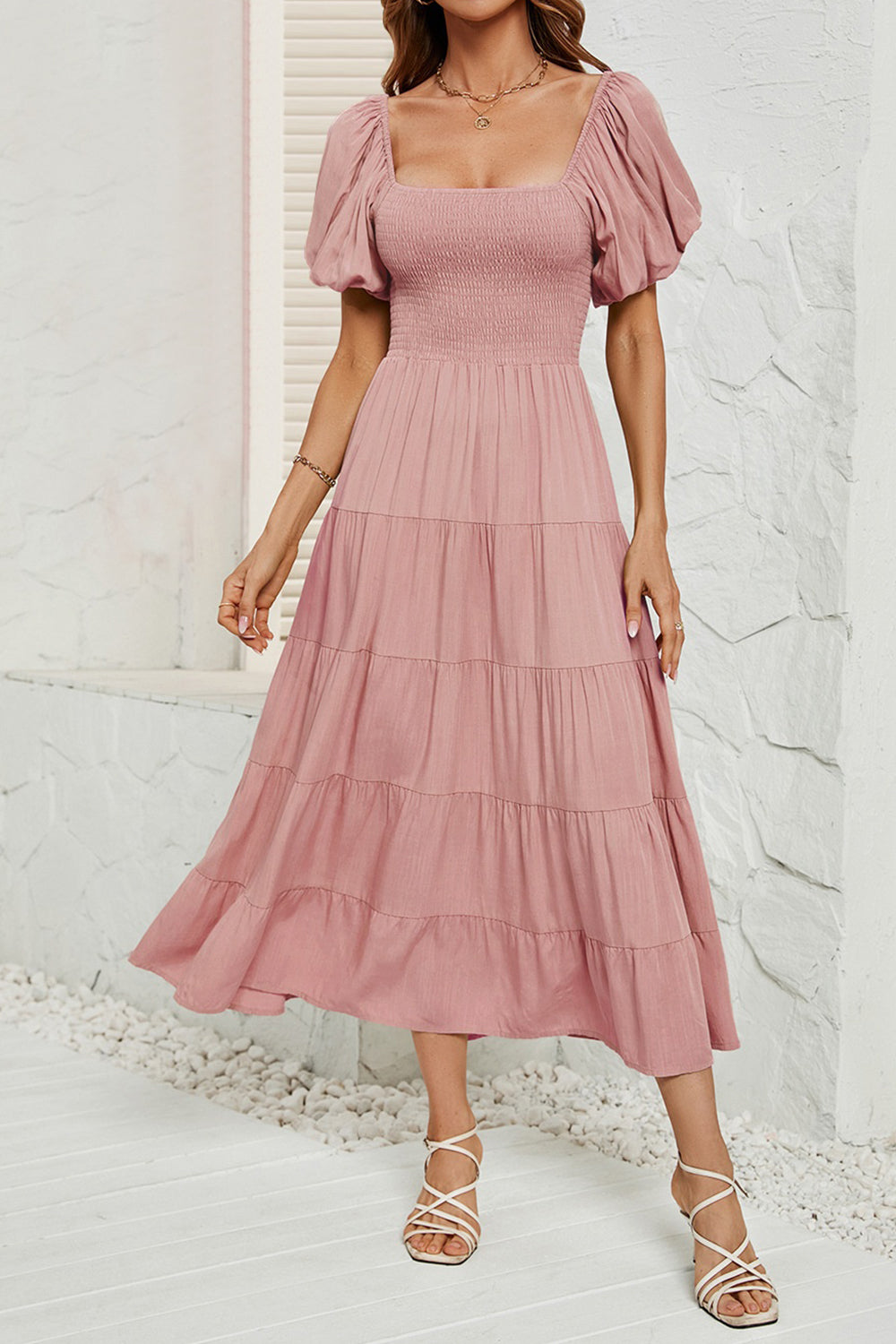Smocked Square Neck Puff Sleeve Dress - AllIn Computer