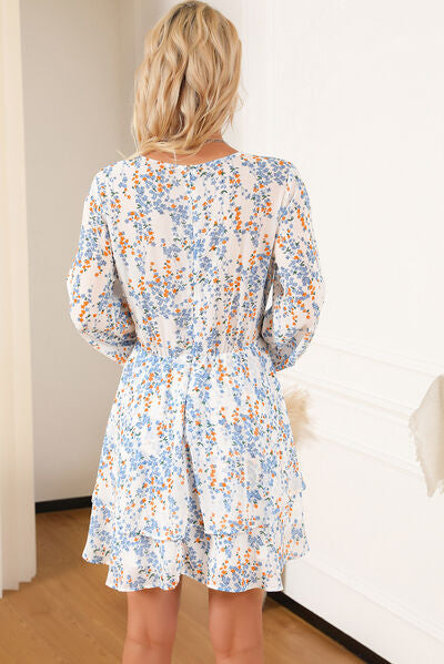 Printed Surplice Balloon Sleeve Mini Dress - AllIn Computer
