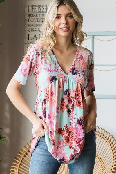 Heimish Full Size Floral V-Neck Short Sleeve Babydoll Blouse - AllIn Computer