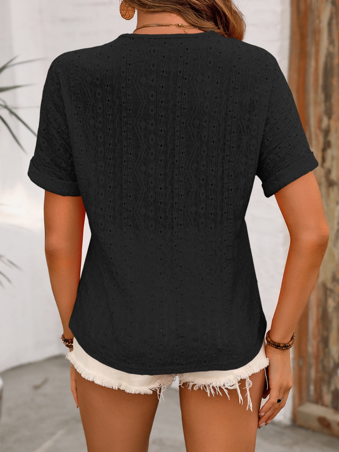 Eyelet V-Neck Short Sleeve Top - AllIn Computer
