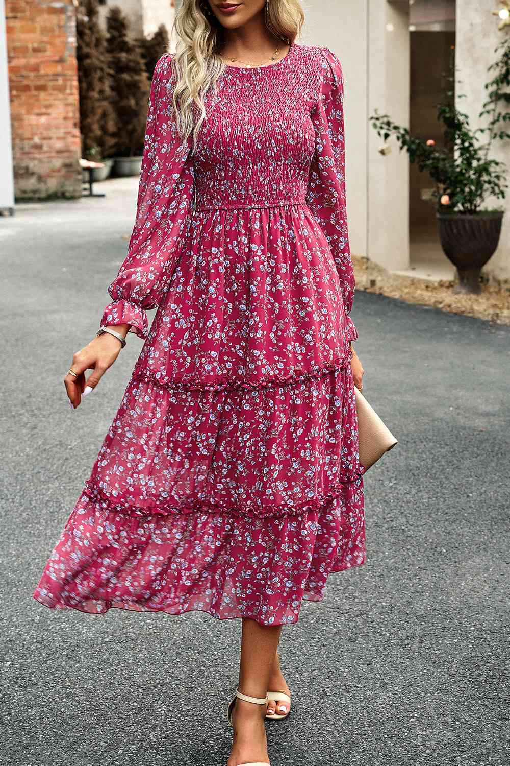 Smocked Flounce Sleeve Midi Dress - AllIn Computer