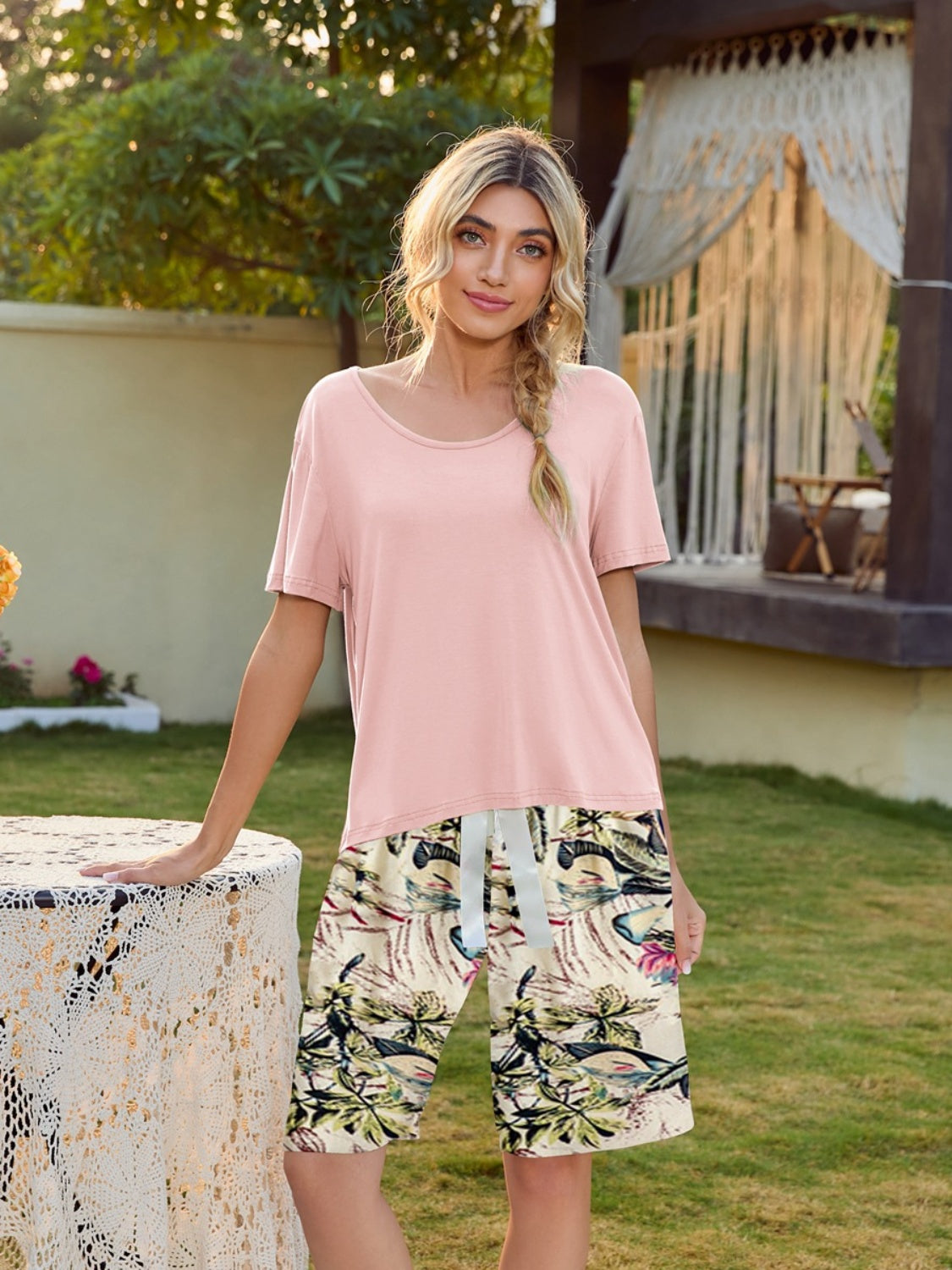 Short Sleeve Top and Printed Shorts Lounge Set - AllIn Computer