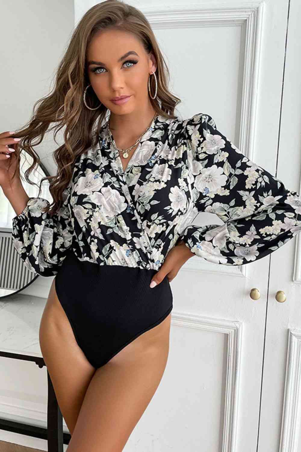 Floral Surplice Neck Puff Sleeve Bodysuit - AllIn Computer