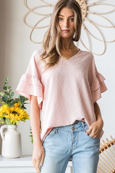Heimish Full Size Swiss Dot Ruffle Short Sleeve Top - AllIn Computer