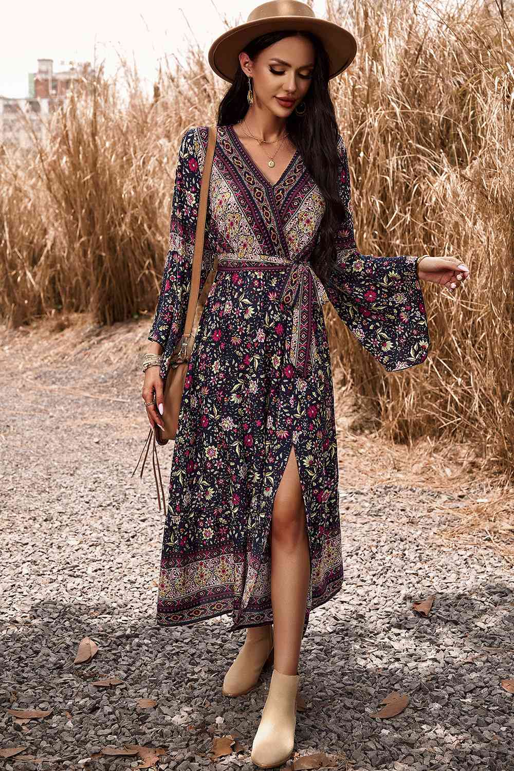 Bohemian Surplice Neck Slit Dress - AllIn Computer