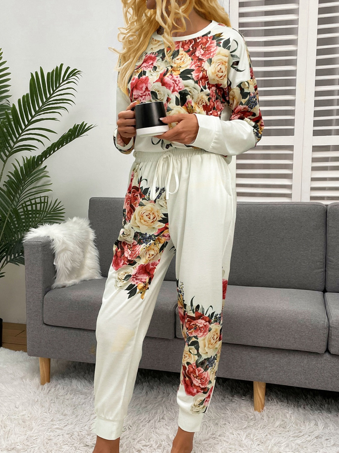 Printed Round Neck Top and Pants Lounge Set - AllIn Computer