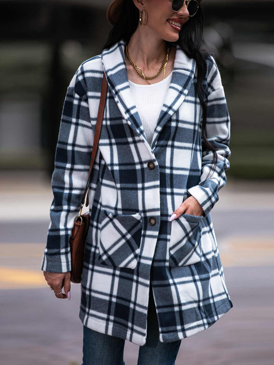Plaid Shawl Collar Coat with Pockets - AllIn Computer