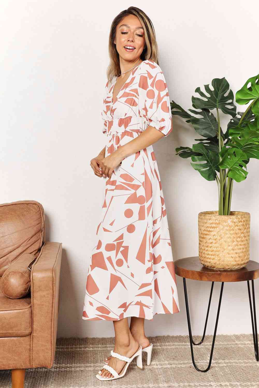 Double Take Printed Surplice Balloon Sleeve Dress - AllIn Computer