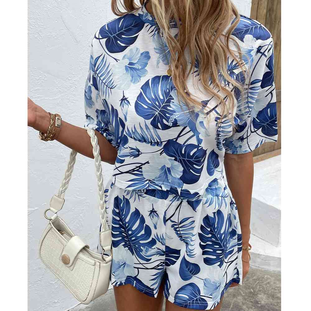 Floral Print Round Neck Dropped Shoulder Top and Shorts Set - AllIn Computer
