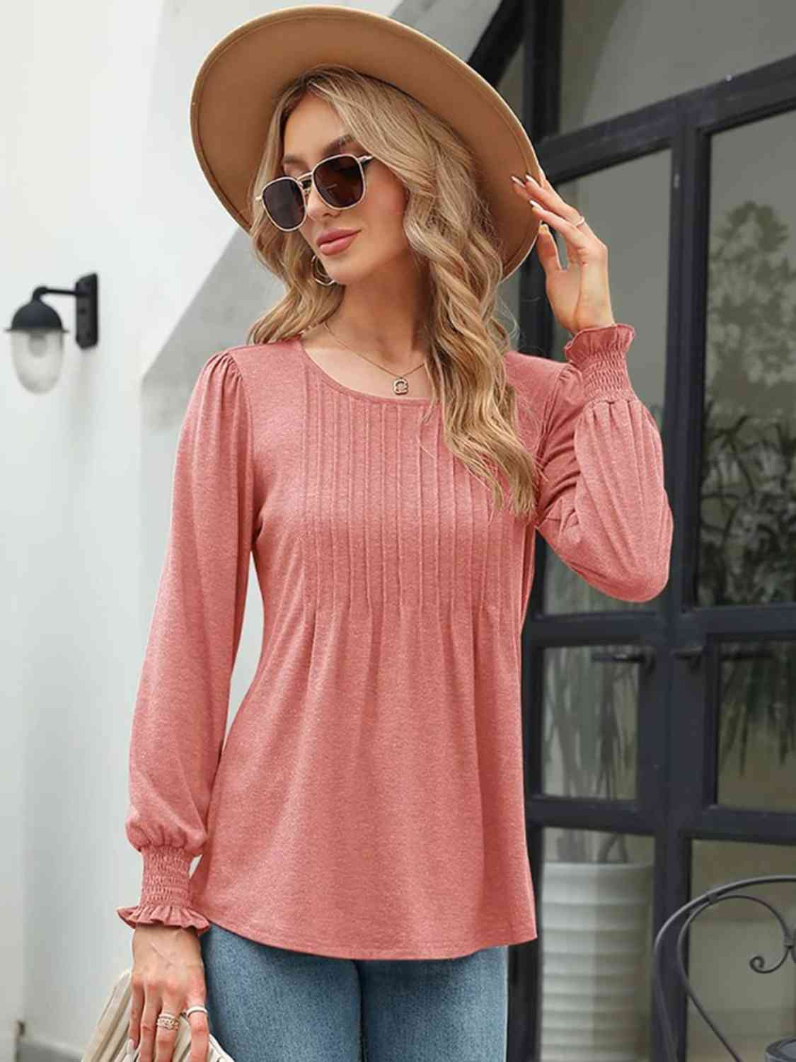 Smocked Round Neck Lantern Sleeve Blouse - AllIn Computer