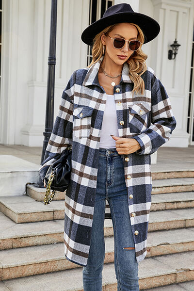 Plaid Button Up Collared Neck Coat with Pockets - AllIn Computer