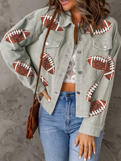 Football Sequin Button Up Dropped Shoulder Jacket - AllIn Computer