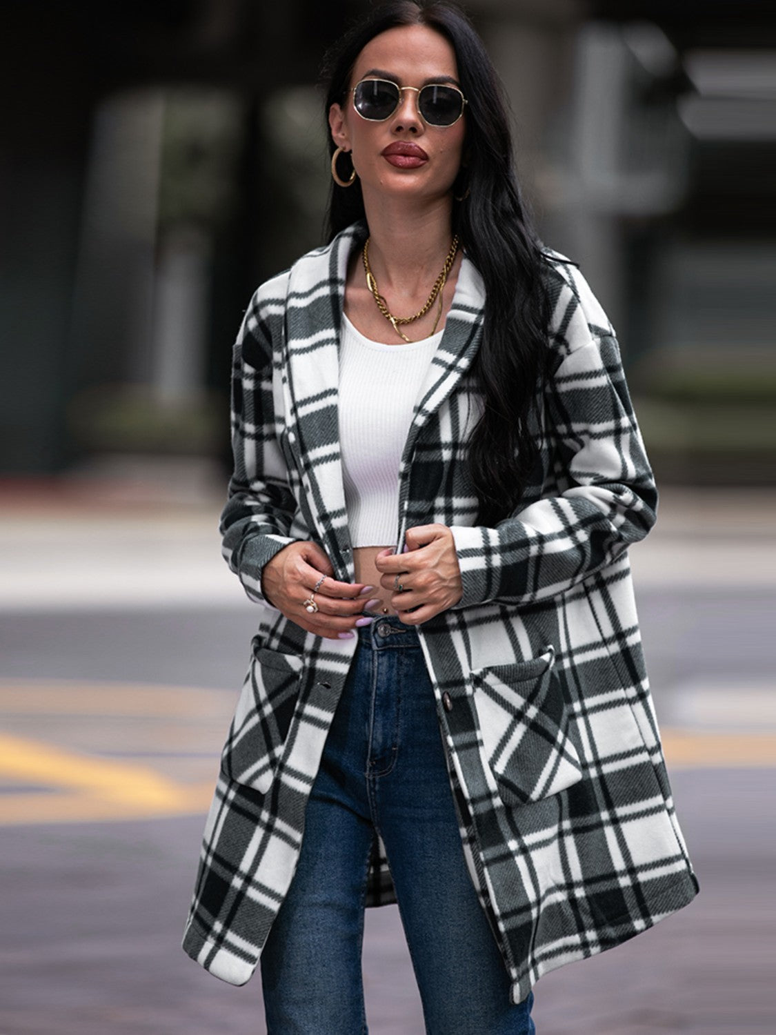 Plaid Shawl Collar Coat with Pockets - AllIn Computer