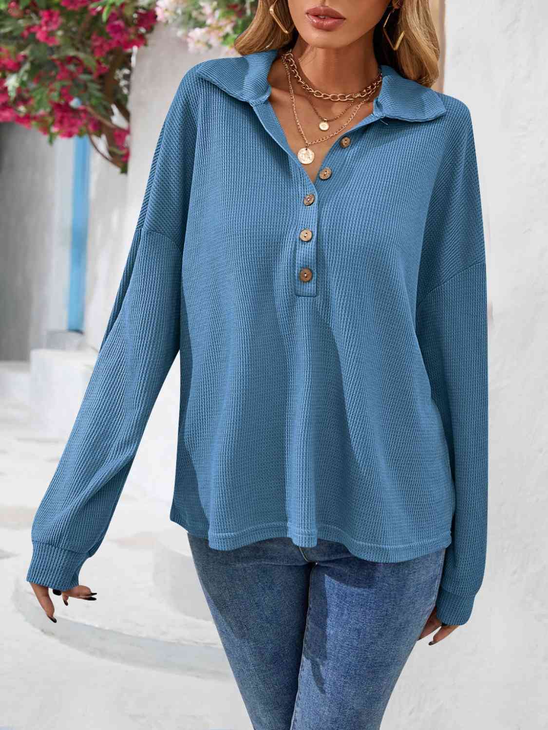 Half Button Collared Neck Long Sleeve Top - AllIn Computer