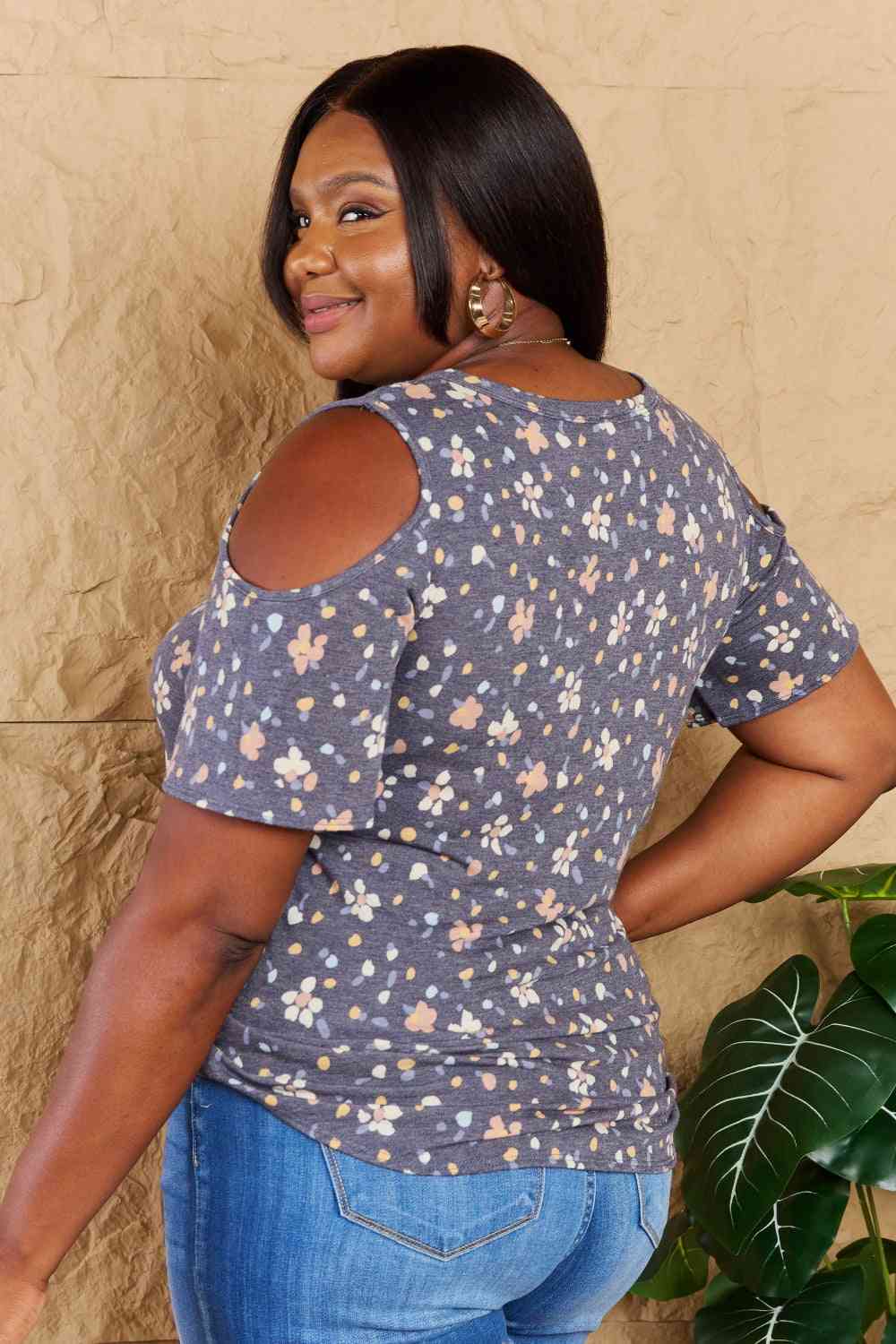 Heimish On My Own Full Size Cold Shoulder Keyhole Floral Print Top - AllIn Computer