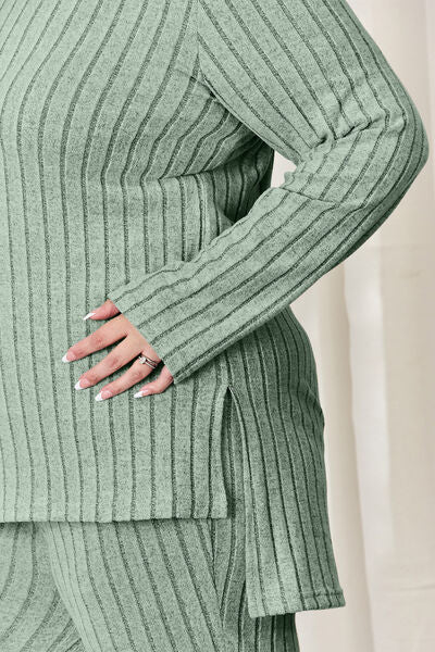 Basic Bae Full Size Ribbed High-Low Top and Wide Leg Pants Set - AllIn Computer