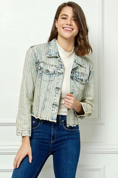Veveret Multi Color Stripe Rhinestone Raw Hem Denim Jacket - AllIn Computer