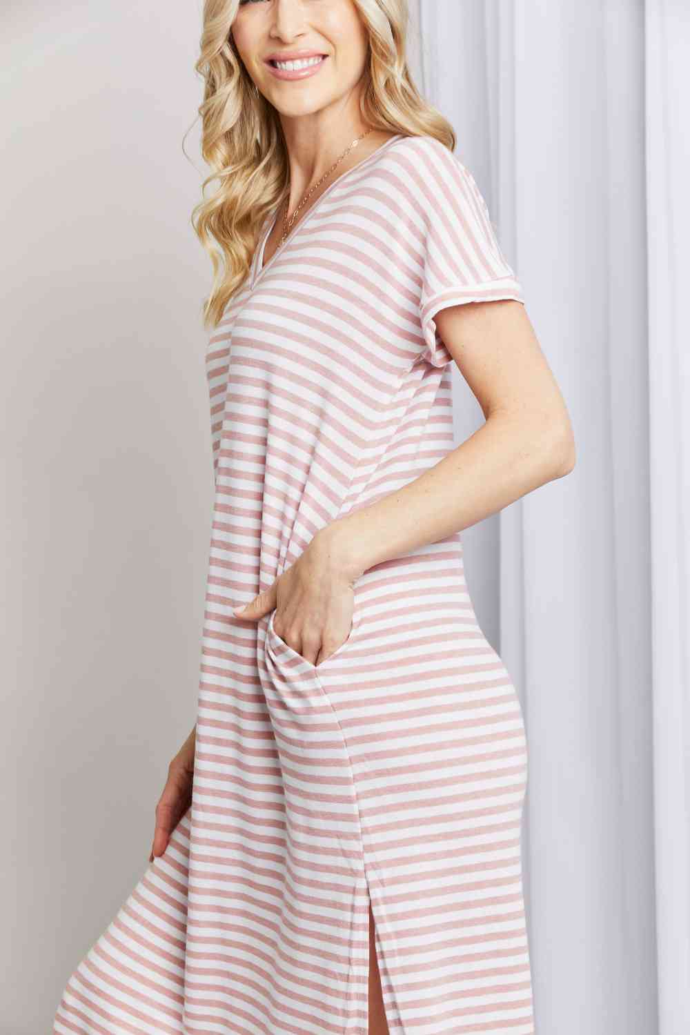 Heimish Full Size Horizontal Stripe Side Slit V-Neck Dress - AllIn Computer