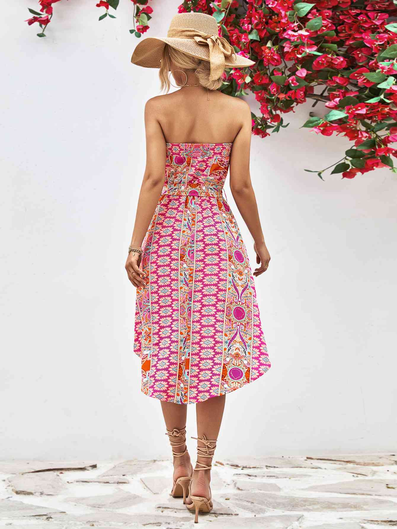 Printed Strapless Tie Belt Dress - AllIn Computer