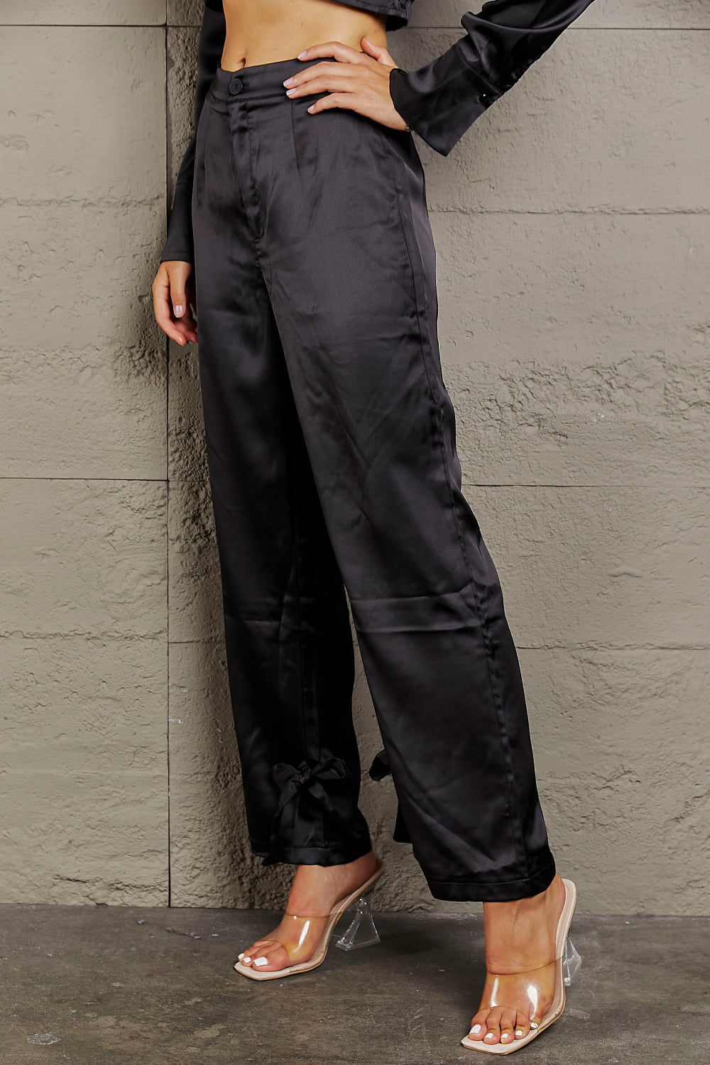 Long Sleeve Cropped Blouse and Tie Detail Long Pants Set - AllIn Computer