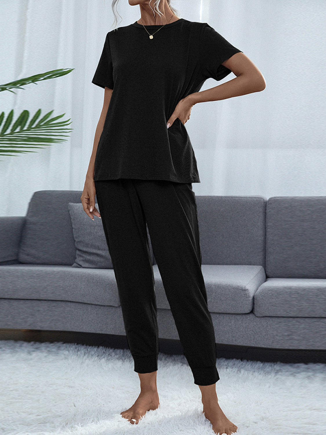 Round Neck Short Sleeve Top and Pants Set - AllIn Computer