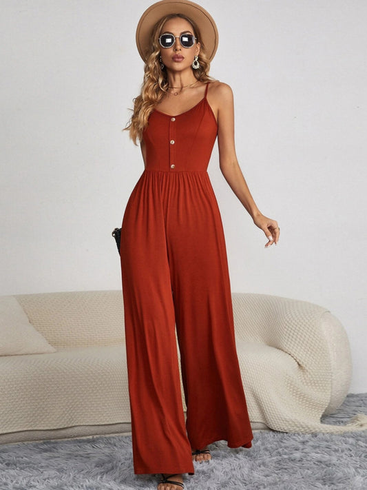 Decorative Button Spaghetti Strap Wide Leg Jumpsuit - AllIn Computer