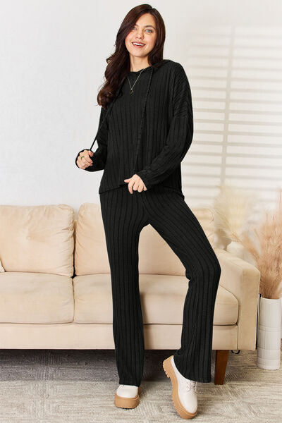 Basic Bae Full Size Ribbed Drawstring Hood Top and Straight Pants Set - AllIn Computer