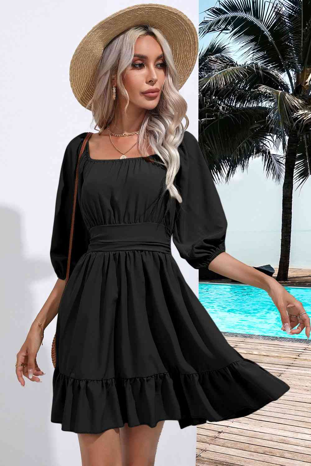 Square Neck Tie Back Ruffle Hem Dress - AllIn Computer