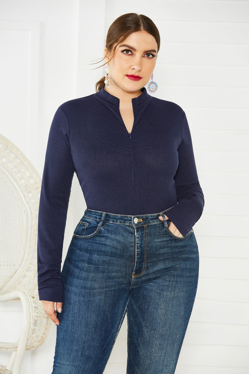 Plus Size Zip Up Long Sleeve Bodysuit - AllIn Computer