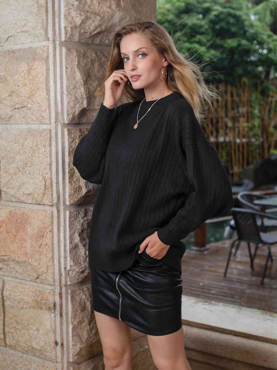 Round Neck Dropped Shoulder Sweater - AllIn Computer