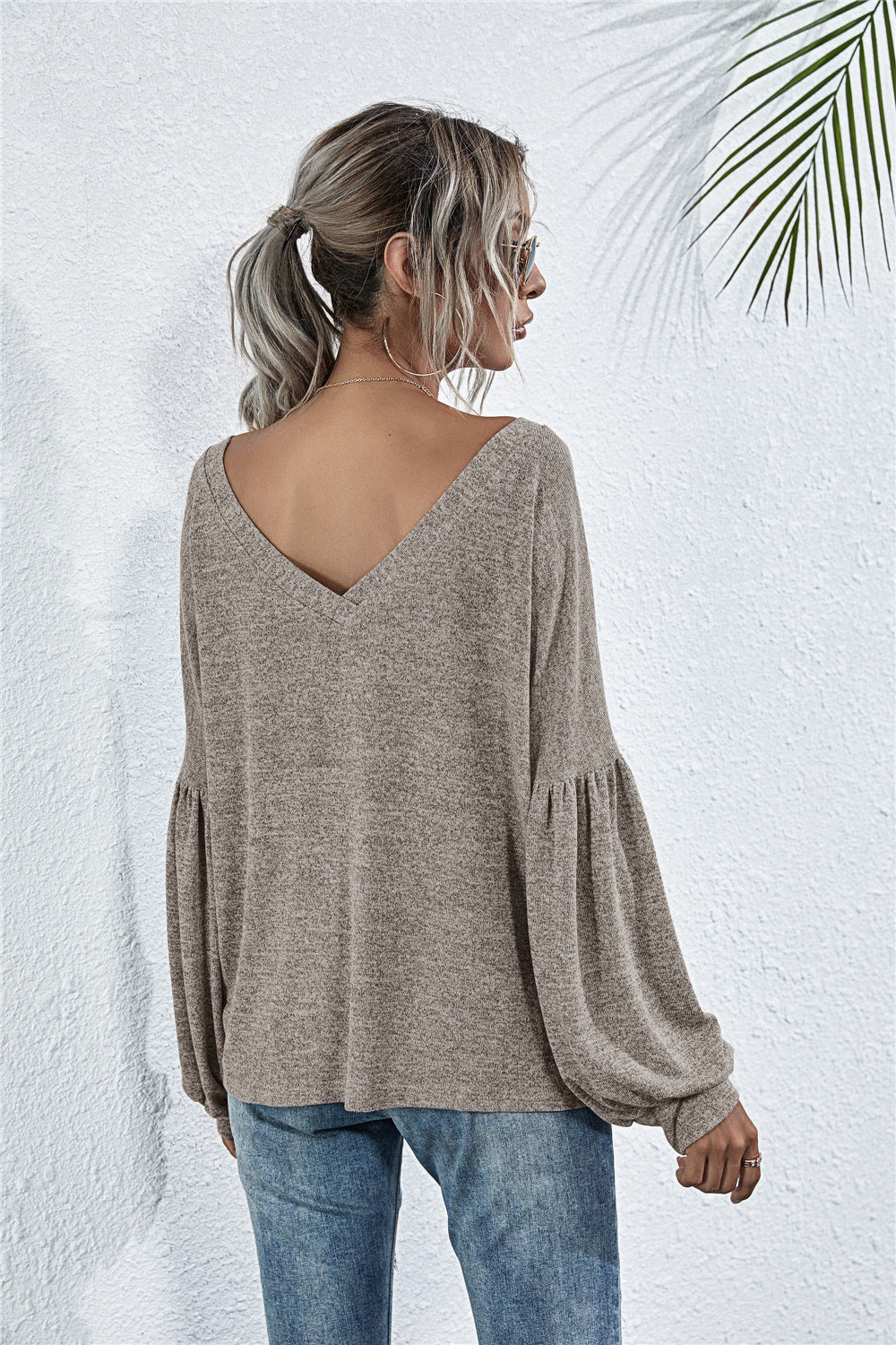 V-Neck Long Sleeve Dropped Shoulder Knit Top - AllIn Computer