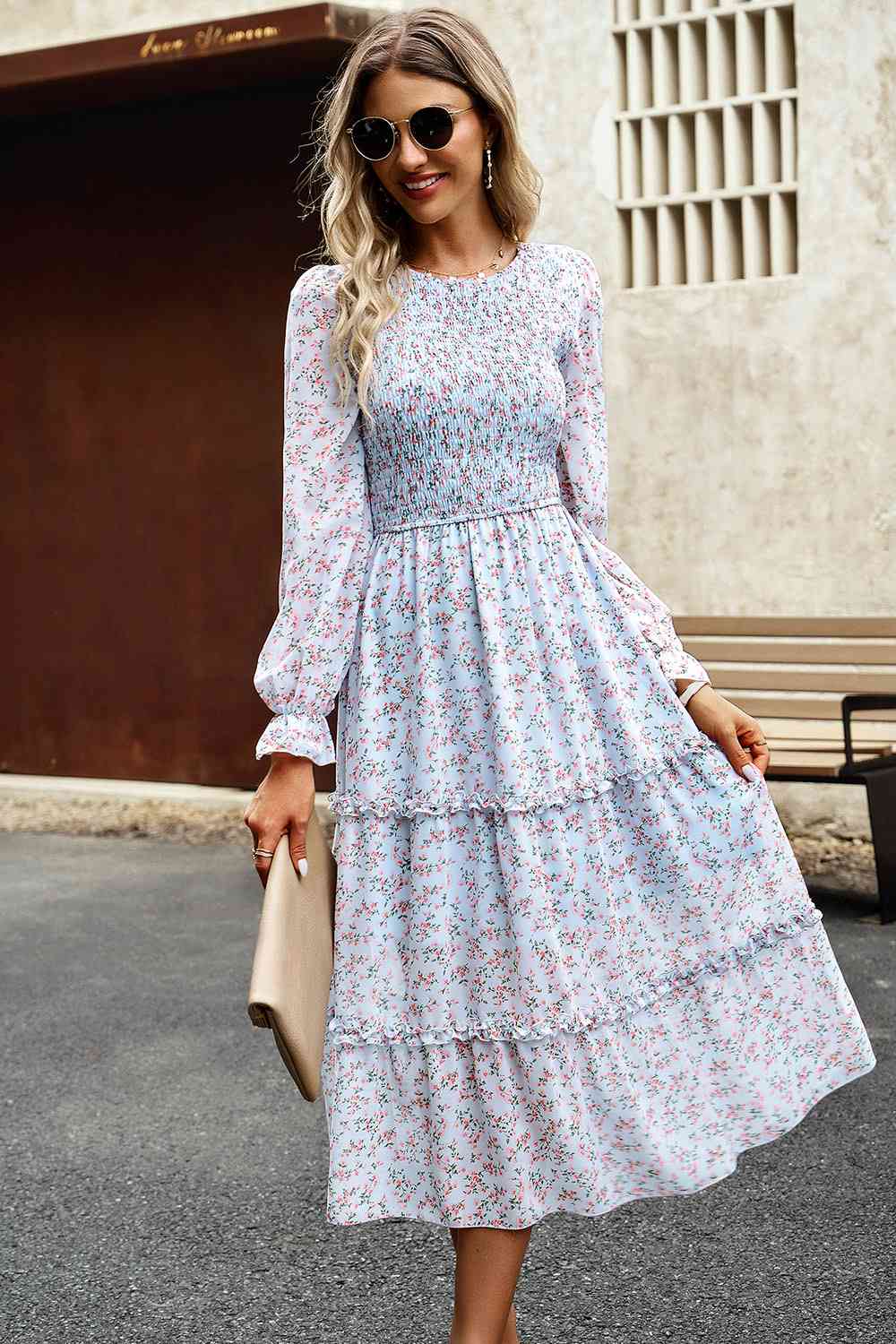 Smocked Flounce Sleeve Midi Dress - AllIn Computer
