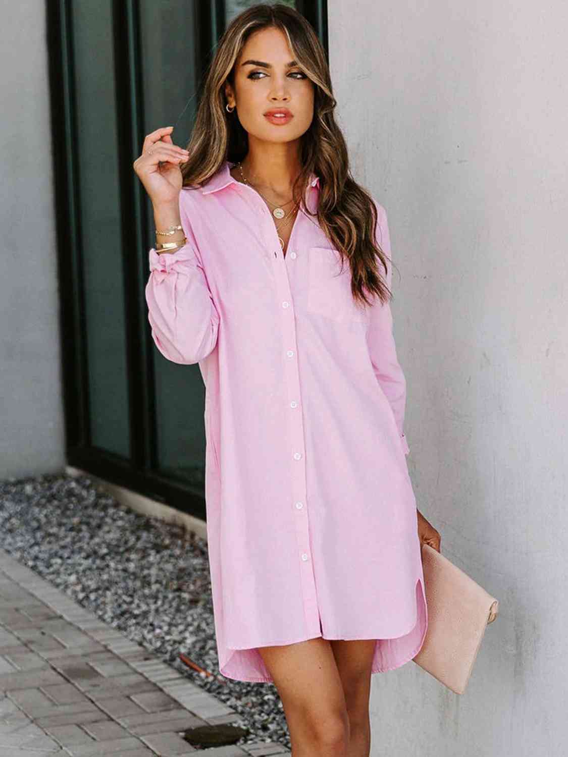 Button Up Collared Neck Long Sleeve Shirt Dress - AllIn Computer
