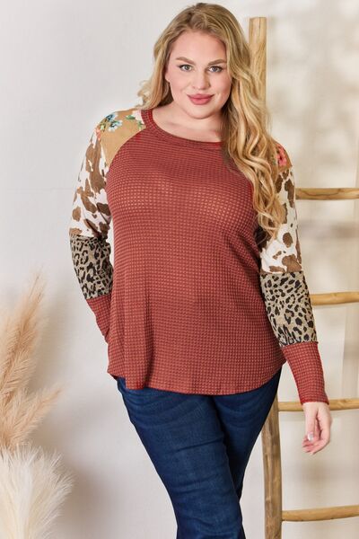 Hailey & Co Full Size Leopard Waffle-Knit Blouse - AllIn Computer