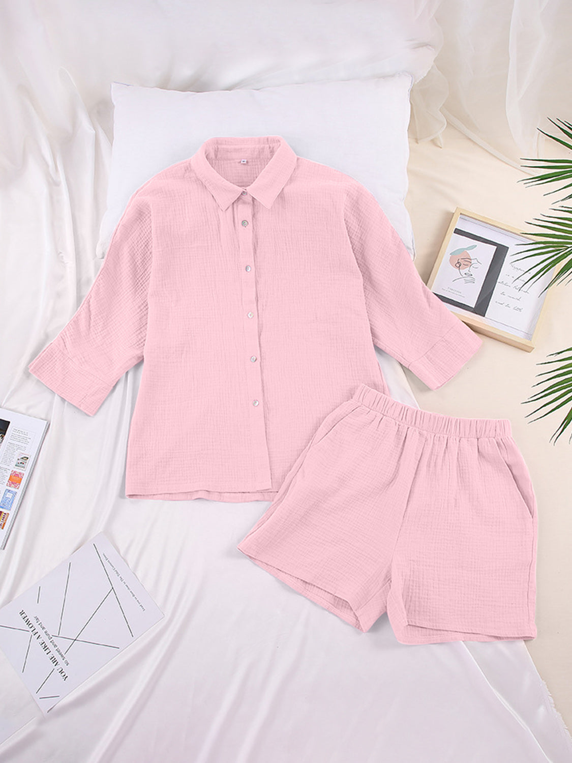 Texture Button Up Shirt and Shorts Set - AllIn Computer
