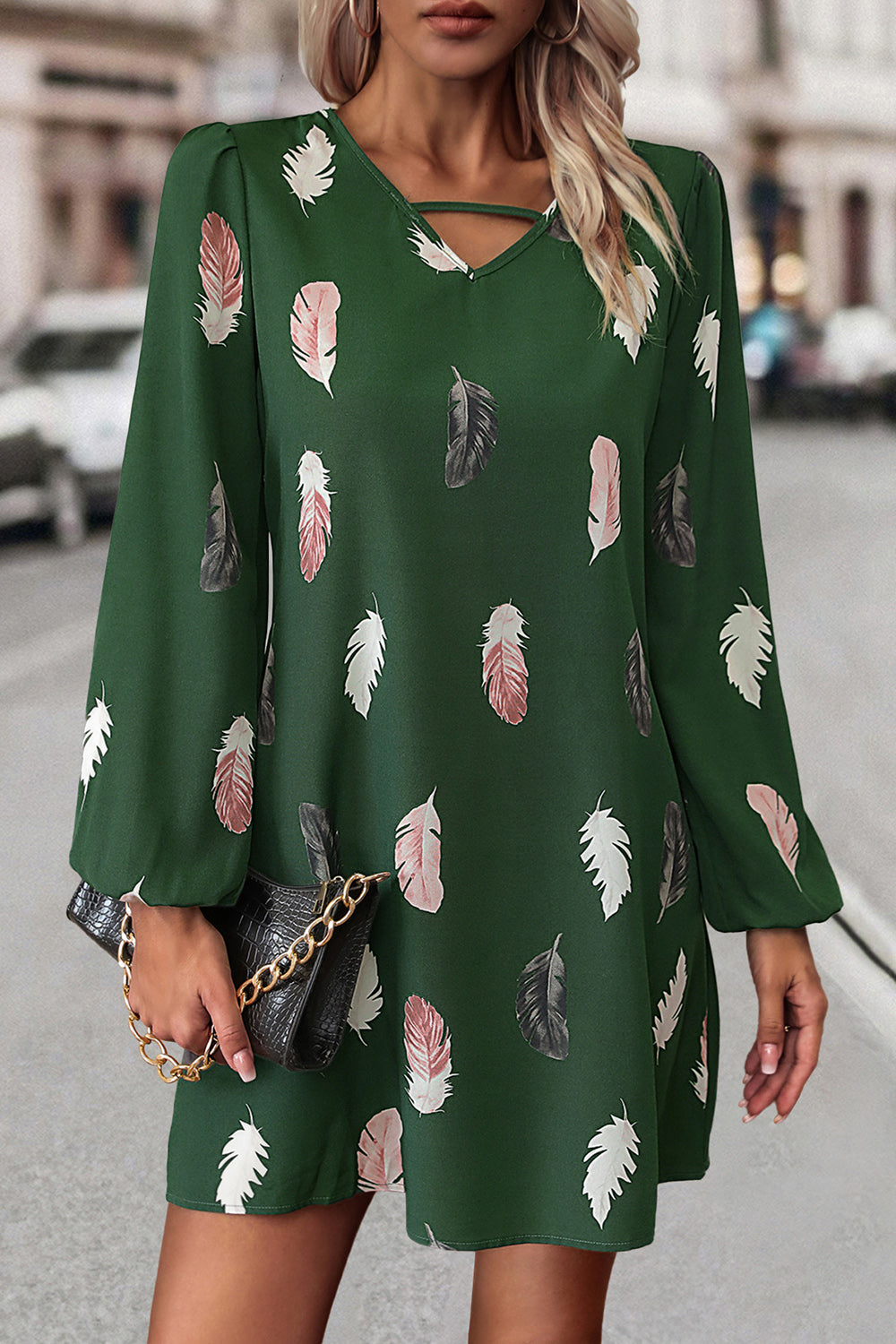 Feather Print V-Neck Dress - AllIn Computer