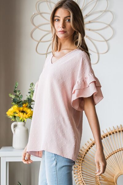 Heimish Full Size Swiss Dot Ruffle Short Sleeve Top - AllIn Computer