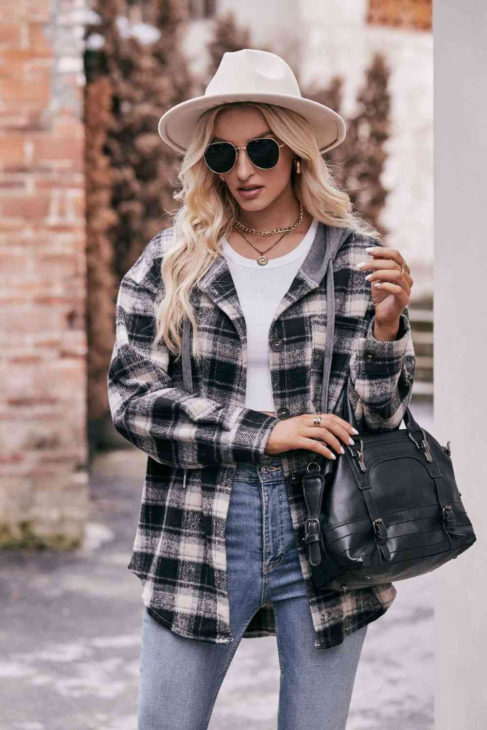 Plaid Dropped Shoulder Hooded Longline Jacket - AllIn Computer