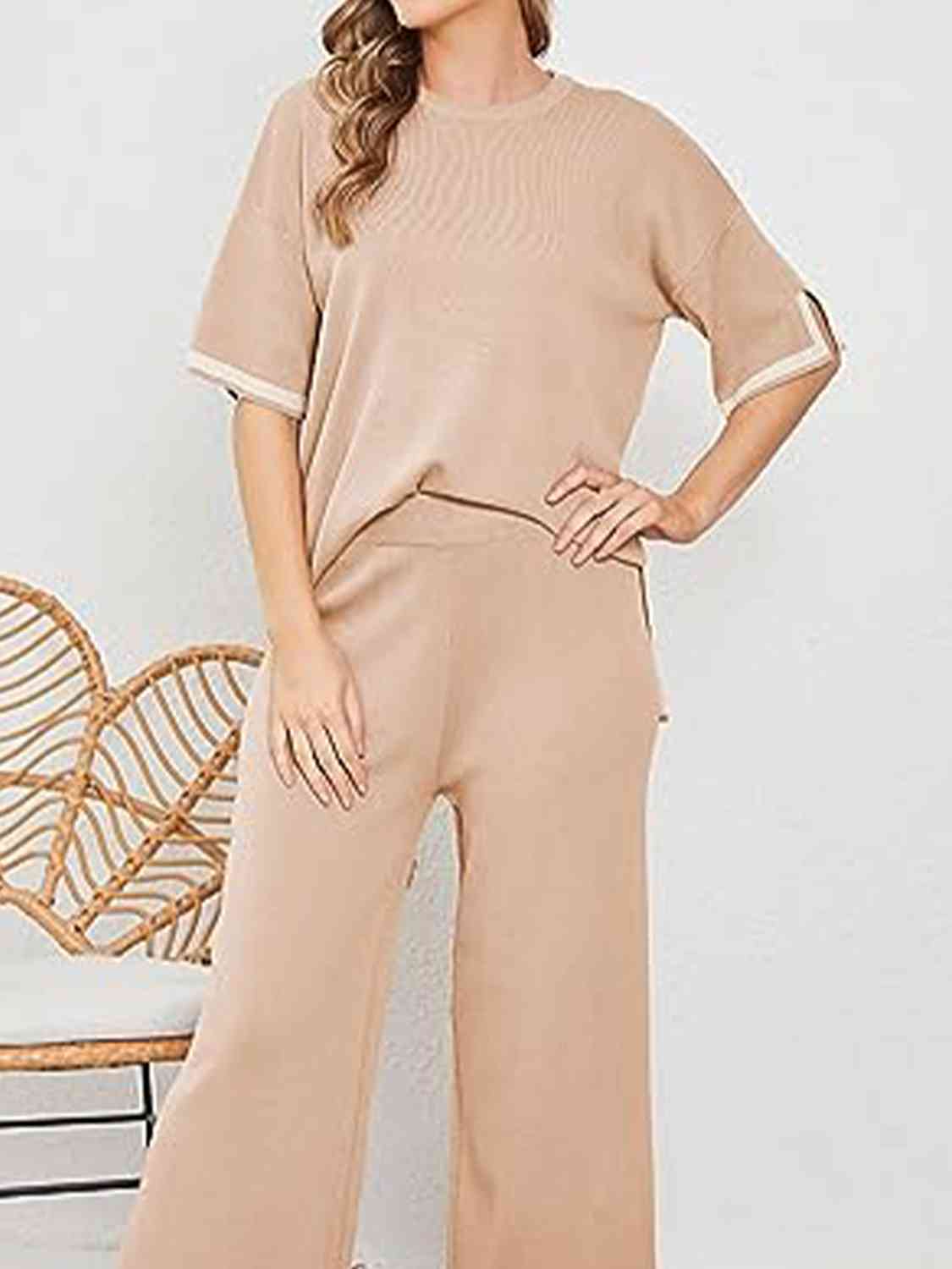 Contrast High-Low Sweater and Knit Pants Set - AllIn Computer