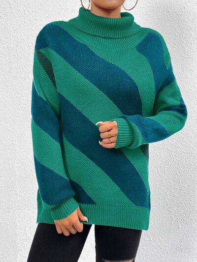 Striped Turtleneck Dropped Shoulder Sweater - AllIn Computer